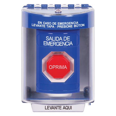 SS2475EX-ES STI Blue Indoor/Outdoor Surface Momentary (Illuminated) Stopper Station with EMERGENCY EXIT Label Spanish