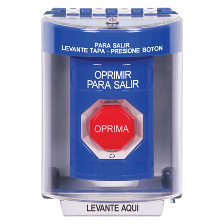 SS2479PX-ES STI Blue Indoor/Outdoor Surface Turn-to-Reset (Illuminated) Stopper Station with PUSH TO EXIT Label Spanish