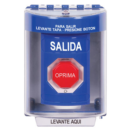 SS2479XT-ES STI Blue Indoor/Outdoor Surface Turn-to-Reset (Illuminated) Stopper Station with EXIT Label Spanish