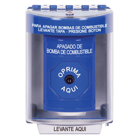 SS2480PS-ES STI Blue Indoor/Outdoor Surface w/ Horn Key-to-Reset Stopper Station with FUEL PUMP SHUT DOWN Label Spanish