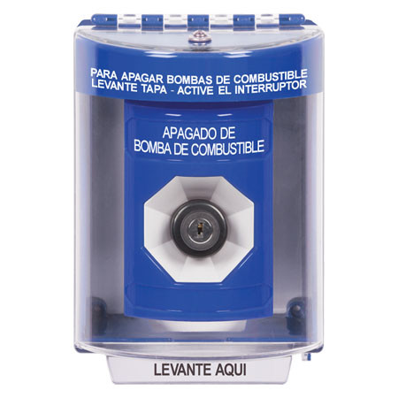 SS2483PS-ES STI Blue Indoor/Outdoor Surface w/ Horn Key-to-Activate Stopper Station with FUEL PUMP SHUT DOWN Label Spanish