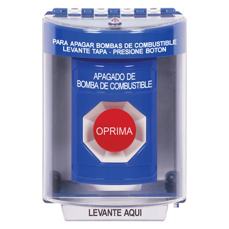 SS2484PS-ES STI Blue Indoor/Outdoor Surface w/ Horn Momentary Stopper Station with FUEL PUMP SHUT DOWN Label Spanish
