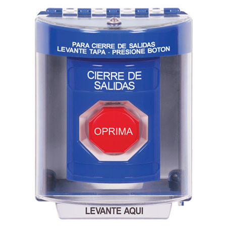SS2485LD-ES STI Blue Indoor/Outdoor Surface w/ Horn Momentary (Illuminated) Stopper Station with LOCKDOWN Label Spanish