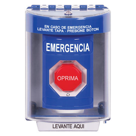 SS2489EM-ES STI Blue Indoor/Outdoor Surface w/ Horn Turn-to-Reset (Illuminated) Stopper Station with EMERGENCY Label Spanish