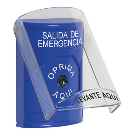 SS24A0EX-ES STI Blue Indoor Only Flush or Surface w/ Horn Key-to-Reset Stopper Station with EMERGENCY EXIT Label Spanish