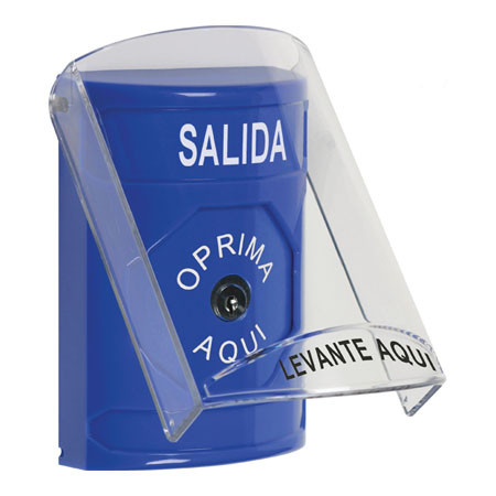 SS24A0XT-ES STI Blue Indoor Only Flush or Surface w/ Horn Key-to-Reset Stopper Station with EXIT Label Spanish