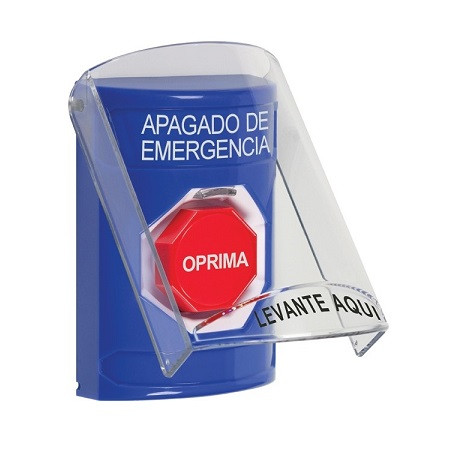 SS24A5PO-ES STI Blue Indoor Only Flush or Surface w/ Horn Momentary (Illuminated) Stopper Station with EMERGENCY POWER OFF Label Spanish