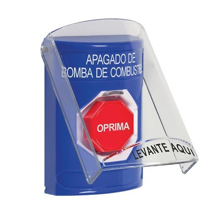 SS24A5PS-ES STI Blue Indoor Only Flush or Surface w/ Horn Momentary (Illuminated) Stopper Station with FUEL PUMP SHUT DOWN Label Spanish