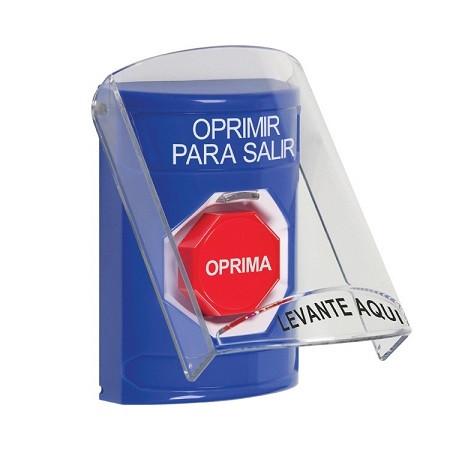 SS24A5PX-ES STI Blue Indoor Only Flush or Surface w/ Horn Momentary (Illuminated) Stopper Station with PUSH TO EXIT Label Spanish