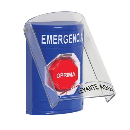 SS24A9EM-ES STI Blue Indoor Only Flush or Surface w/ Horn Turn-to-Reset (Illuminated) Stopper Station with EMERGENCY Label Spanish
