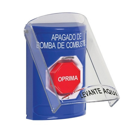 SS24A9PS-ES STI Blue Indoor Only Flush or Surface w/ Horn Turn-to-Reset (Illuminated) Stopper Station with FUEL PUMP SHUT DOWN Label Spanish