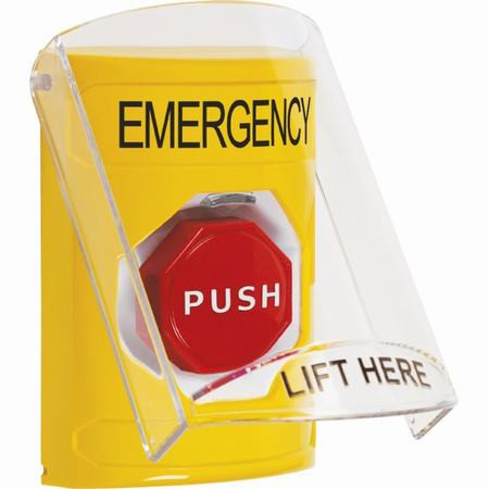 SS2228EM-EN STI Yellow Indoor Only Flush or Surface Pneumatic (Illuminated) Stopper Station with EMERGENCY Label English