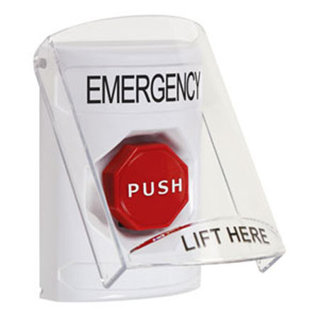 SS2328EM-EN STI White Indoor Only Flush or Surface Pneumatic (Illuminated) Stopper Station with EMERGENCY Label English