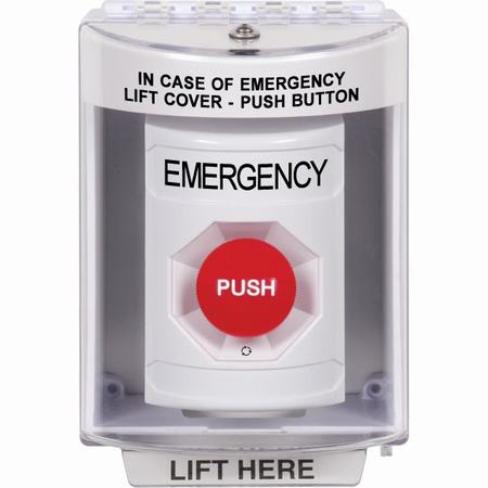 SS2371EM-EN STI White Indoor/Outdoor Surface Turn-to-Reset Stopper Station with EMERGENCY Label English