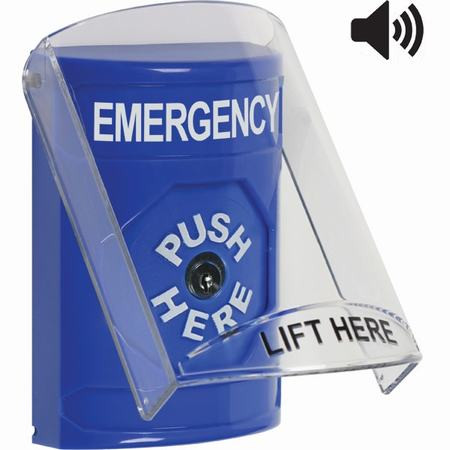 SS24A0EM-EN STI Blue Indoor Only Flush or Surface w/ Horn Key-to-Reset Stopper Station with EMERGENCY Label English