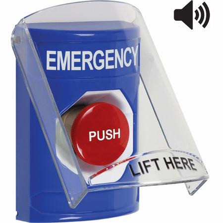 SS24A4EM-EN STI Blue Indoor Only Flush or Surface w/ Horn Momentary Stopper Station with EMERGENCY Label English