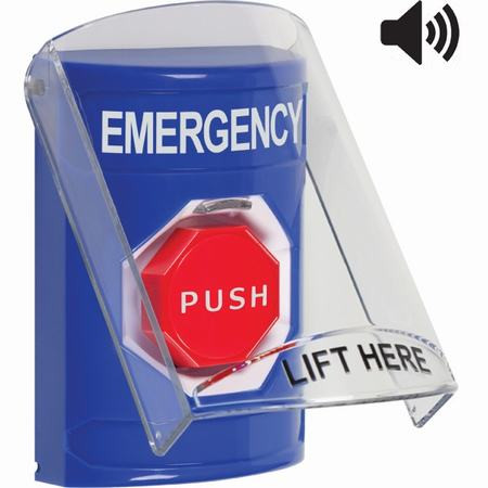 SS24A8EM-EN STI Blue Indoor Only Flush or Surface w/ Horn Pneumatic (Illuminated) Stopper Station with EMERGENCY Label English