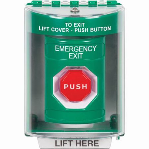 SS2178EX-EN STI Green Indoor/Outdoor Surface Pneumatic (Illuminated) Stopper Station with EMERGENCY EXIT Label English