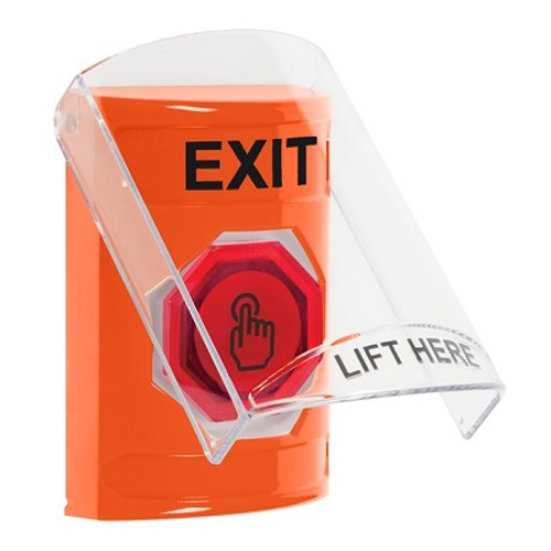 SS25A7XT-EN STI Orange Indoor Only Flush or Surface w/ Horn Weather Resistant Momentary (Illuminated) with Orange Lens Stopper Station with EXIT Label English