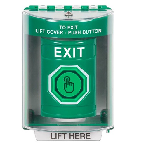 SS2177XT-EN STI Green Indoor/Outdoor Surface Weather Resistant Momentary (Illuminated) with Green Lens Stopper Station with EXIT Label English