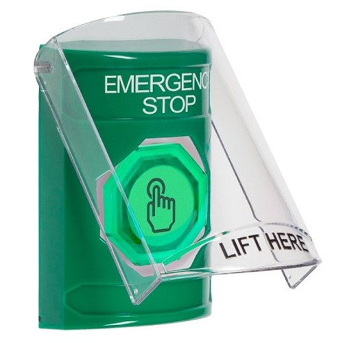 SS2126ES-EN STI Green Indoor Only Flush or Surface Momentary (Illuminated) with Green Lens Stopper Station with EMERGENCY STOP Label English
