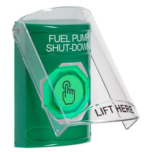 SS2126PS-EN STI Green Indoor Only Flush or Surface Momentary (Illuminated) with Green Lens Stopper Station with FUEL PUMP SHUT DOWN Label English