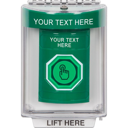 SS2136ZA-EN STI Green Indoor/Outdoor Flush Momentary (Illuminated) with Green Lens Stopper Station with Non-Returnable Custom Text Label English