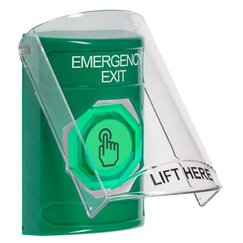 SS2126EX-EN STI Green Indoor Only Flush or Surface Momentary (Illuminated) with Green Lens Stopper Station with EMERGENCY EXIT Label English