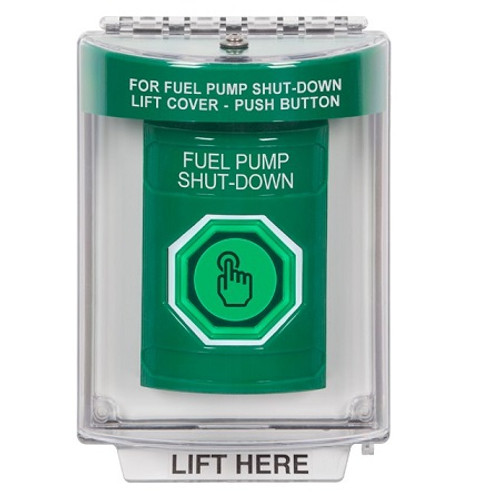 SS2136PS-EN STI Green Indoor/Outdoor Flush Momentary (Illuminated) with Green Lens Stopper Station with FUEL PUMP SHUT DOWN Label English