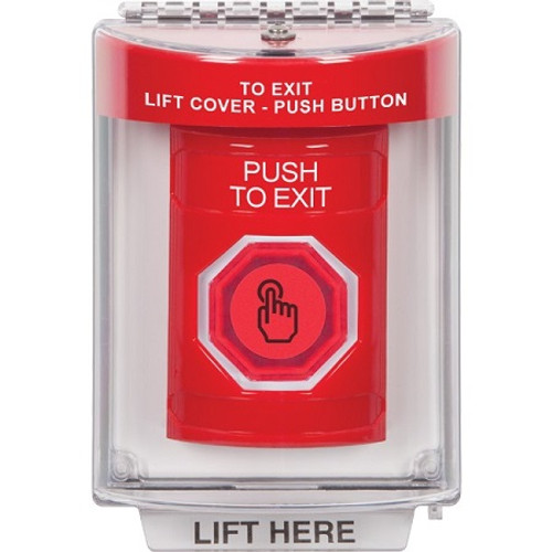 SS2037PX-EN STI Red Indoor/Outdoor Flush Weather Resistant Momentary (Illuminated) with Red Lens Stopper Station with PUSH TO EXIT Label English