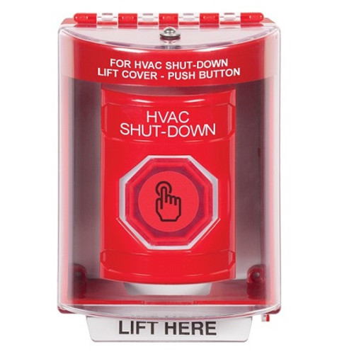 SS2077HV-EN STI Red Indoor/Outdoor Surface Weather Resistant Momentary (Illuminated) with Red Lens Stopper Station with HVAC SHUT DOWN Label English