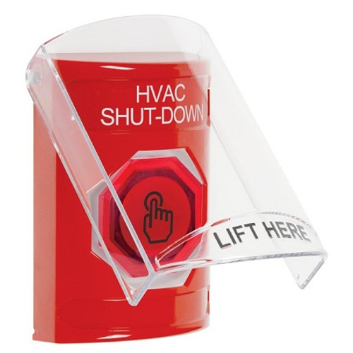 SS2026HV-EN STI Red Indoor Only Flush or Surface Momentary (Illuminated) with Red Lens Stopper Station with HVAC SHUT DOWN Label English