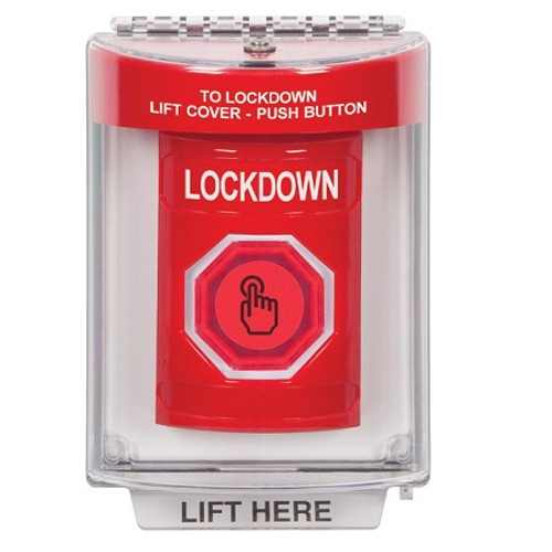 SS2036LD-EN STI Red Indoor/Outdoor Flush Momentary (Illuminated) with Red Lens Stopper Station with LOCKDOWN Label English