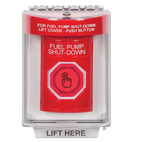 SS2036PS-EN STI Red Indoor/Outdoor Flush Momentary (Illuminated) with Red Lens Stopper Station with FUEL PUMP SHUT DOWN Label English