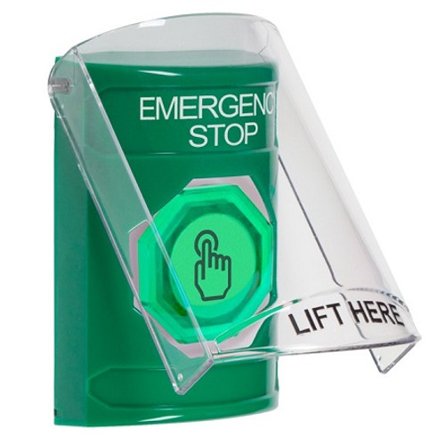 SS2127ES-EN STI Green Indoor Only Flush or Surface Weather Resistant Momentary (Illuminated) with Green Lens Stopper Station with EMERGENCY STOP Label English