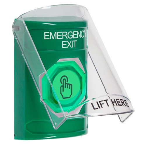 SS2127EX-EN STI Green Indoor Only Flush or Surface Weather Resistant Momentary (Illuminated) with Green Lens Stopper Station with EMERGENCY EXIT Label English