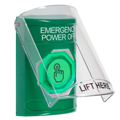 SS2127PO-EN STI Green Indoor Only Flush or Surface Weather Resistant Momentary (Illuminated) with Green Lens Stopper Station with EMERGENCY POWER OFF Label English