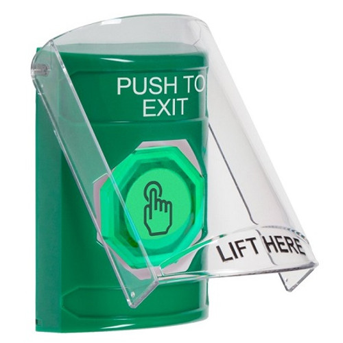 SS2127PX-EN STI Green Indoor Only Flush or Surface Weather Resistant Momentary (Illuminated) with Green Lens Stopper Station with PUSH TO EXIT Label English