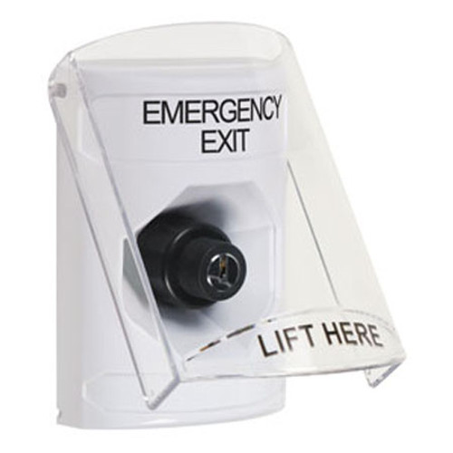 SS2323EX-EN STI White Indoor Only Flush or Surface Key-to-Activate Stopper Station with EMERGENCY EXIT Label English