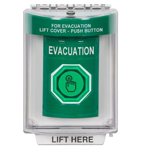 SS2137EV-EN STI Green Indoor/Outdoor Flush Weather Resistant Momentary (Illuminated) with Green Lens Stopper Station with EVACUATION Label English