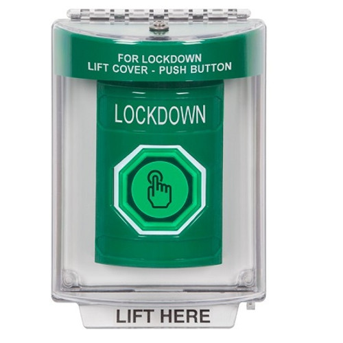 SS2137LD-EN STI Green Indoor/Outdoor Flush Weather Resistant Momentary (Illuminated) with Green Lens Stopper Station with LOCKDOWN Label English