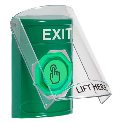 SS21A7XT-EN STI Green Indoor Only Flush or Surface w/ Horn Weather Resistant Momentary (Illuminated) with Green Lens Stopper Station with EXIT Label English
