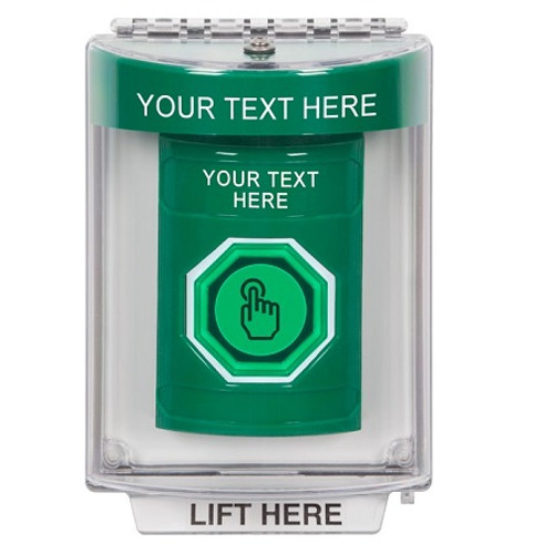 SS2137ZA-EN STI Green Indoor/Outdoor Flush Weather Resistant Momentary (Illuminated) with Green Lens Stopper Station with Non-Returnable Custom Text Label English