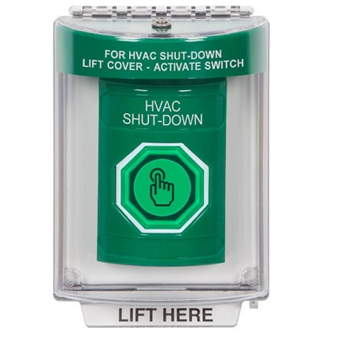 SS2147HV-EN STI Green Indoor/Outdoor Flush w/ Horn Weather Resistant Momentary (Illuminated) with Green Lens Stopper Station with HVAC SHUT DOWN Label English