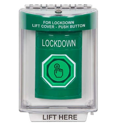 SS2147LD-EN STI Green Indoor/Outdoor Flush w/ Horn Weather Resistant Momentary (Illuminated) with Green Lens Stopper Station with LOCKDOWN Label English