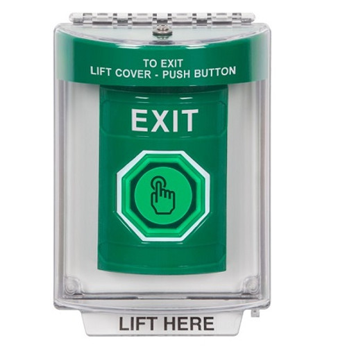 SS2147XT-EN STI Green Indoor/Outdoor Flush w/ Horn Weather Resistant Momentary (Illuminated) with Green Lens Stopper Station with EXIT Label English