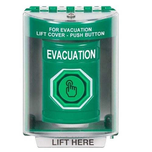 SS2177EV-EN STI Green Indoor/Outdoor Surface Weather Resistant Momentary (Illuminated) with Green Lens Stopper Station with EVACUATION Label English