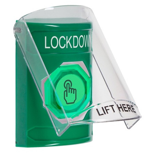 SS2126LD-EN STI Green Indoor Only Flush or Surface Momentary (Illuminated) with Green Lens Stopper Station with LOCKDOWN Label English