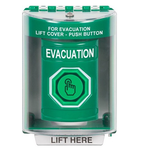 SS2187EV-EN STI Green Indoor/Outdoor Surface w/ Horn Weather Resistant Momentary (Illuminated) with Green Lens Stopper Station with EVACUATION Label English