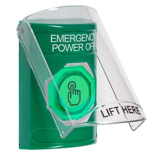 SS2126PO-EN STI Green Indoor Only Flush or Surface Momentary (Illuminated) with Green Lens Stopper Station with EMERGENCY POWER OFF Label English